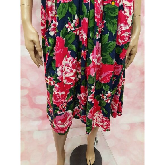 Vintage 80s Floral Rose Dress Size M With Pockets Caroline Wells Pink Blue Midi - Picture 8 of 12